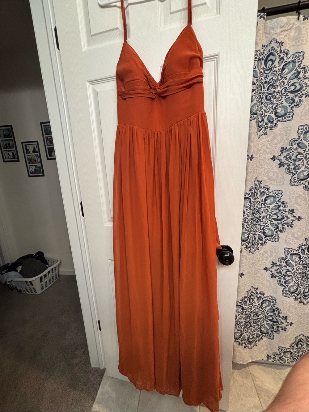 Azazie Strapless Spaghetti Maxi Dress in Rust Orange